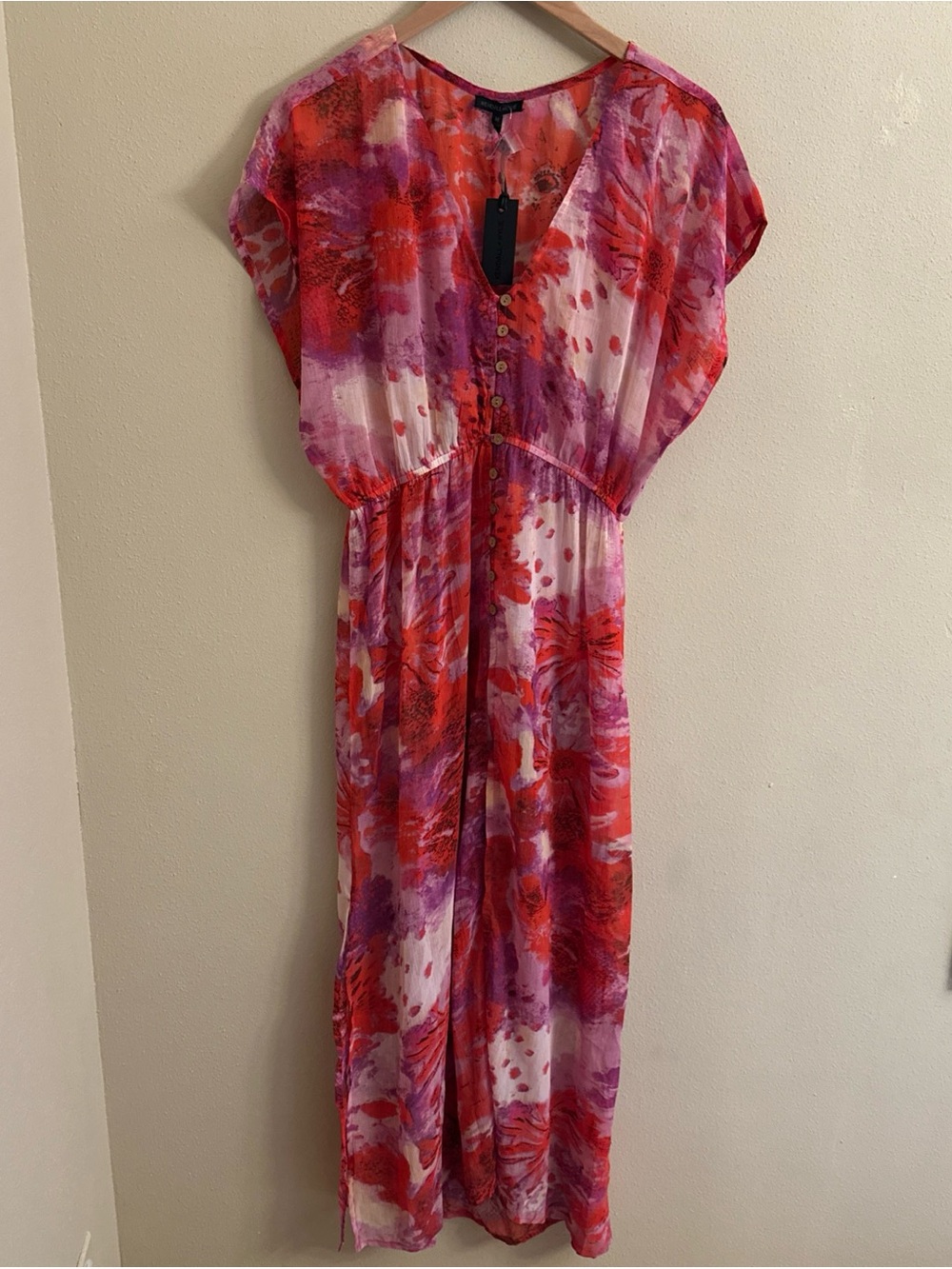Kendall + Kylie Snake Floral Chiffon Swim Coverup Maxi Kaftan M Button Front NWT